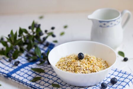 Healthy breakfast with blueberries and Oatmeal on a light background