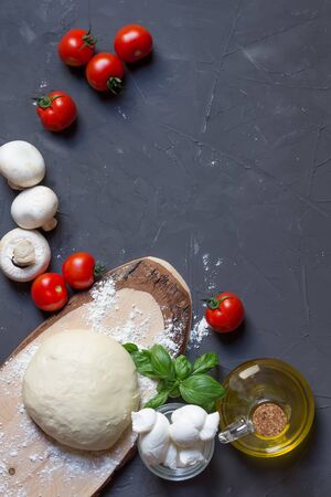 Pizza ingredients on the grey background with copy space, vertical photo, you can put your image or inscriptionの写真素材