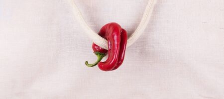 Trendy Ugly red chilli pepper on textured cotton eco background of reusable bag. Banner, space for textの写真素材