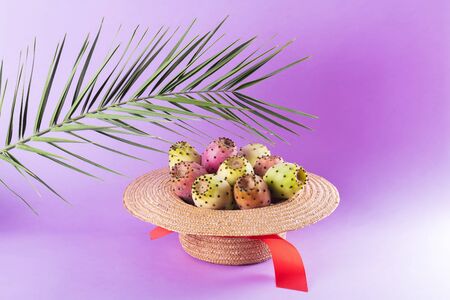 Opuntia fruit in a straw hat with a palm leaf on a trendy purple background. Prickly pear or Fichi...