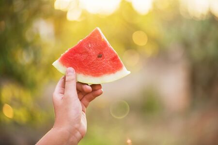 The boy holds a piece of watermelon in his hand and holds it out, selective focus, lens effect....