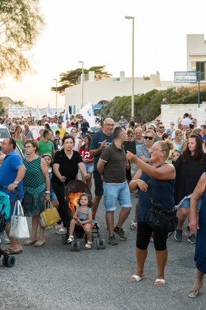 TORRE COLIMENA, ITALY - 1 August 2019, Protest against the discharge of the purifier to the Ionian sea. Ecological protesters organize a demonstration, Salento, Pugliaのeditorial素材