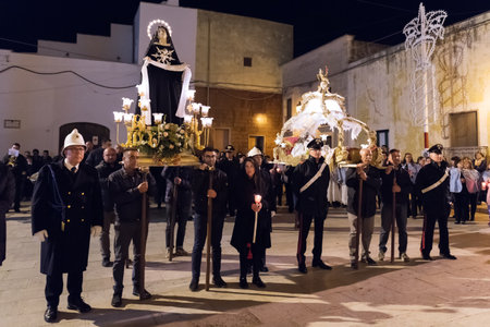 AVETRANA, ITALY - APRIL 19, 2019 - The Virgin Maria is carried in procession during the Easter rites...