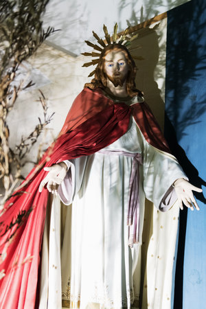 AVETRANA, ITALY - APRIL 19, 2019 - Exhibition of religious art during Holy Week. The statue of Jesus Christのeditorial素材