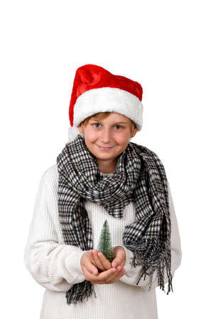 Adorable smiling boy with Christmas red hat wearing white pullover holding a little Christmas tree, isolated on white backgroundの写真素材