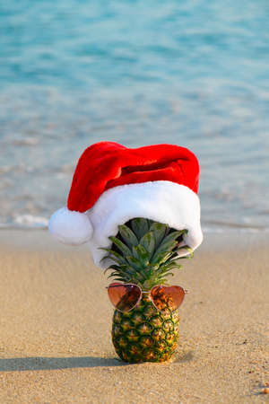 One pineapple in red Santa Claus hat wearing heart shaped sunglasses on a sand on the tropical beach near ocean, summer Christmas and winter holyday concept, selective focus. Happy New Year backgroundの写真素材