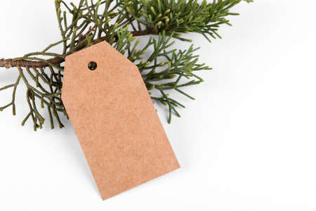 Christmas gift tag mock up of craft paper present label and green fir branch on white backgroundの写真素材