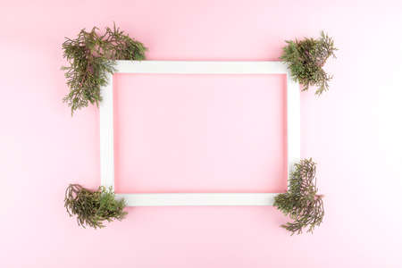 Festive elegant background. Blank photo frame on pastel pink background with fir tree twigs Christmas, New Year, birthday concept. Flat lay, top view, copy spaceの写真素材