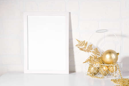 White frame mockup with Christmas gold glitter baubles, gold fern, add quote, headline, or design,...