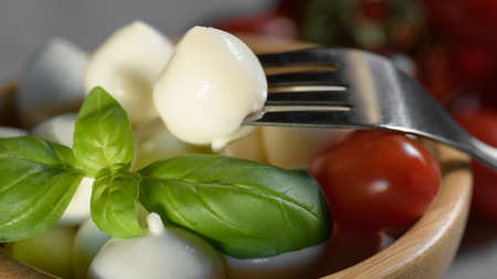 Close up of fresh apulian small mozzarella cheese ball is on a wooden bowl with mozzarella and fresh leaf of basil, close up and selective focus, food made in Puglia, Italyの写真素材