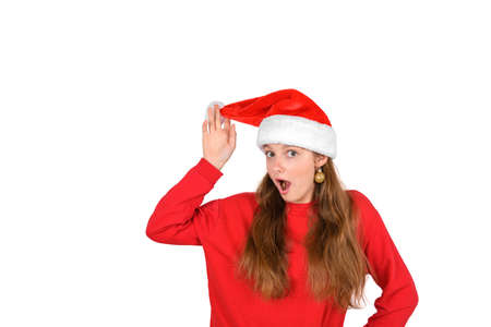 Portrait of crazy cool cheerful positive optimistic pretty woman in casual red sweater and santa hat...