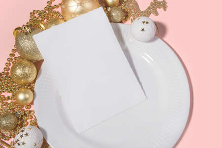 Christmas vertical 5x7 card mockup torn edges with festive table settingの写真素材