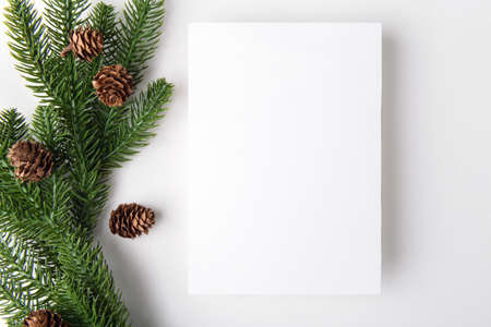 christmas 5x7 empty card mockup with Christmas tree twigs on a white background