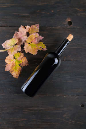 Top view of bottle of red wine fall grapes leaves a on dark wooden background, concept of traditional red wine flat lay backgroundの写真素材