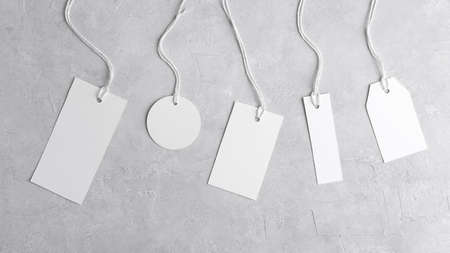 Round tag mockup, rectangle tag mockup, strip tag mockup with white cord, close up. Various price...