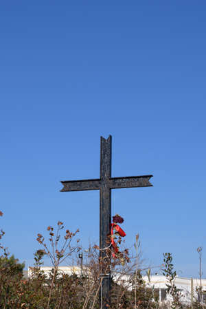 Jesus Christ cross on a blue sky background with plants, clouds and sunbeams. Easter, resurrection concept. Christian cross of God at the field on the rays of the sun outdoor. religion backgroundの写真素材