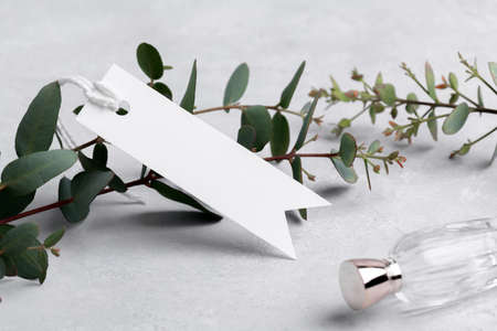 Rectangle strip white gift tag mockup with eucalyptus leaves on gray background, label tag mockup,...