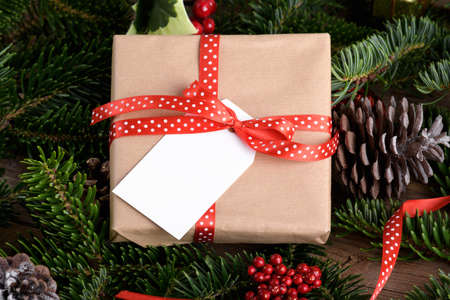 Christmas rectangle gift tag mockup with present box, product label mockup, with natural fir tree...