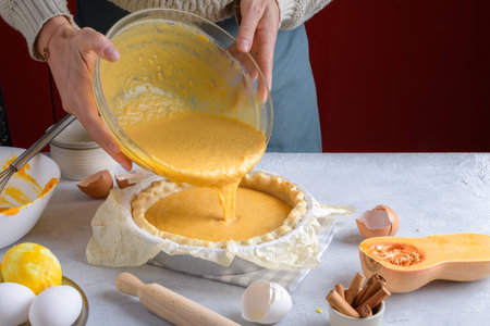 Womans hands adding a pumpkin filling puree into a baking dish for cooking pumpkin pie, Home cooking...