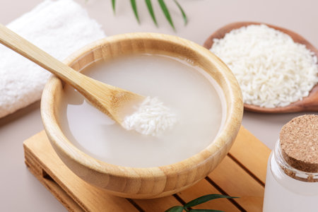 Homemade cosmetic rice water with ingredients on beige background, healthy beauty treatment ingredients for homemade comsetics, beauty recipe for home spa, natural skincare preparation, close upの写真素材