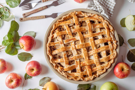 Homemade autumn apple pies, top view table scene with a rustic wood backgroundの写真素材