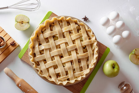 Uncooked apple pie into a baking dish ready for cooking on a white kitchen table surrounded by ingredients. Home cooking concept, traditional thanksgiving apple pie recipe, lifestyle, top viewの写真素材