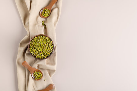 Protein-rich mung beans in a wooden bowl, bannerの写真素材