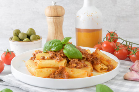 Traditional Italian rigatoni pasta with ragu sauce on light grey backgroundの写真素材