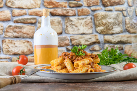 Rigatoni with authentic Bolognese ragu on rustic brown table backgroundの写真素材