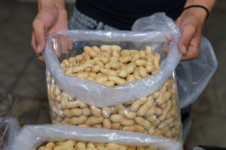 Vendor Sells Fresh Peanuts at a Local Marketの写真素材