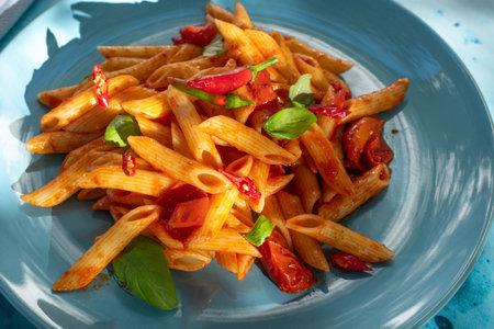 Italian classic pasta penne all'arrabbiata with tomatoes, chili and fresh basil on ceramic blue plate, close upの写真素材