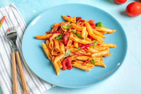 Classic penne all'Arrabbiata, spicy pasta with tomato and chilli sauce, on ceramic blue plate on blue kitchen table on sunny dayの写真素材