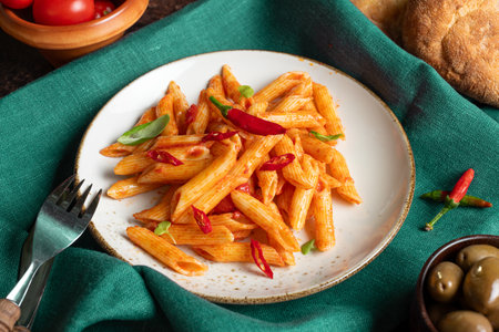 Delicious Italian penne all'Arrabbiata served on the table with linen napkin and forkの写真素材