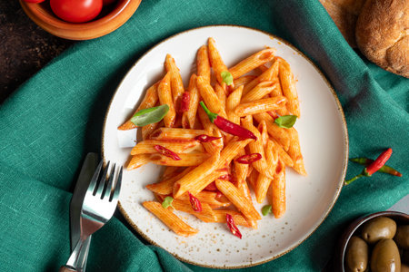 Typical Italian dinner with penne all'Arrabbiata spicy tomato sauce on the table with linen napkin and fork, flat lay, top viewの写真素材