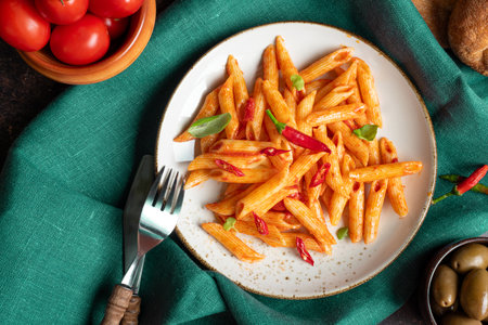 Traditional pasta penne all'Arrabbiata with chili pepper and tomato garlic sauce on the table with linen napkin and fork, flat lay, top viewの写真素材