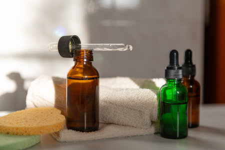 Cosmetic dropper bottles in bathroom with towel on sun rays in bathroom, view from above. Beauty care for face and body careの写真素材