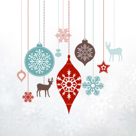 Christmas decorations, ornaments. Silver frosty background - frozen snowlakes. Can be used as a greetings card.のイラスト素材