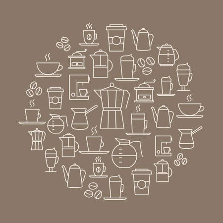 Coffee background made from coffee icons - thin line design. For restaurant menus, interior decorations, stationery, business cards, brand design, websites etc.のイラスト素材