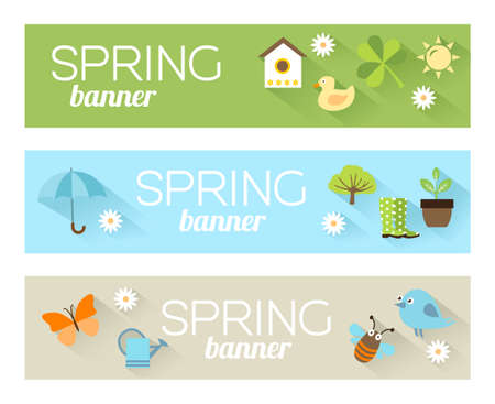 Banners with icons of animals and plants representing spring, nature and freshness. Illustration in modern flat design style.のイラスト素材