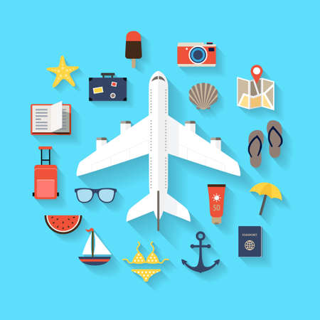 Flat design background with icons representing summer, plane travelling, relaxation on the beach, leisure time.のイラスト素材