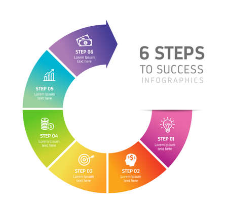 Six steps infographics - can illustrate a strategy, workflow, team work or way to success.のイラスト素材