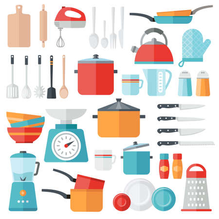 Collection of vector icons symbolizing kitchen equipment, food, cooking. Modern flat design style. Both for print and web design.のイラスト素材