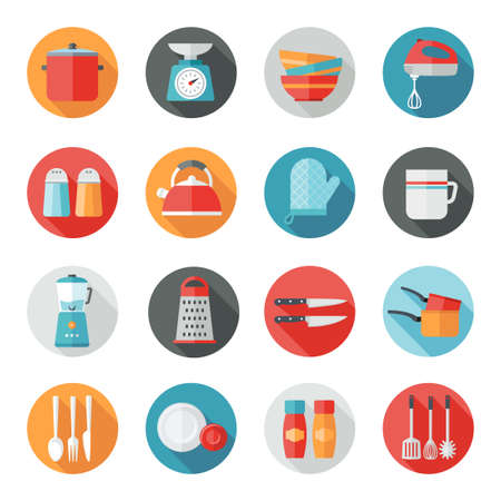 Collection of kitchen utensils icons in flat design style.のイラスト素材