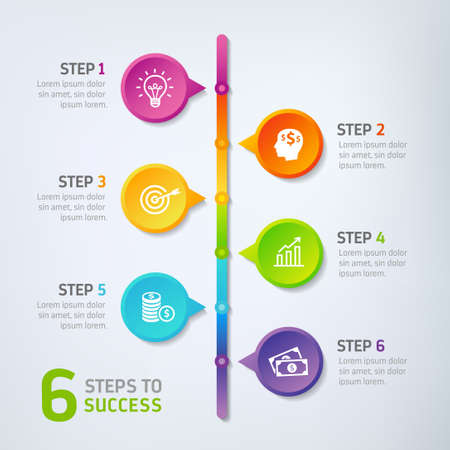 Six steps infographics - can illustrate a strategy, workflow, team work, options or way to success.のイラスト素材
