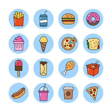 Collection of vector icons representing fast food, junk food, unhealthy eating.のイラスト素材