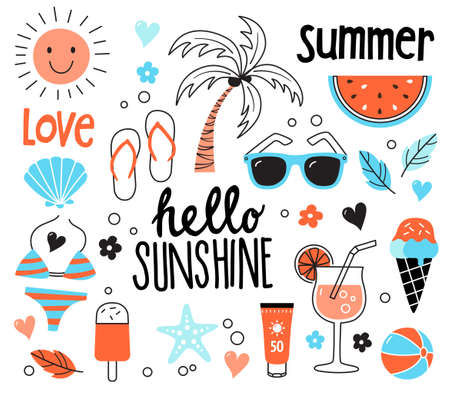 Collection of hand drawn doodles symbolizing summer holidays, free time, leisure, fun at the beachのイラスト素材
