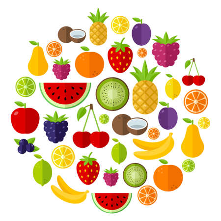 Fruit background made of icons in flat design style, can be used to illustrate summer topics or healthy lifestyle topics, diet, healthy eatingのイラスト素材