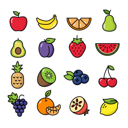 Collection of thin line icons representing fruit, healthy eating, healthy diet and healthy lifestyleのイラスト素材
