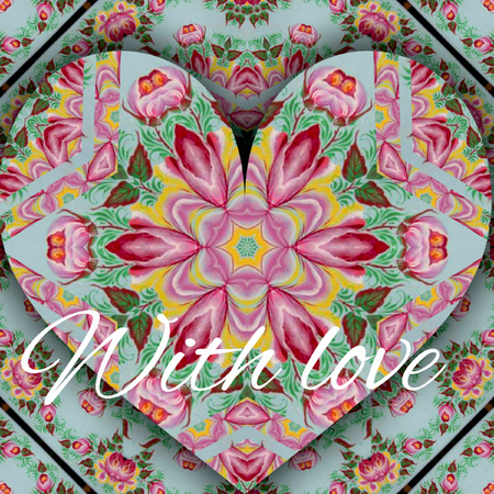 background painted with flowers love heart cardの写真素材