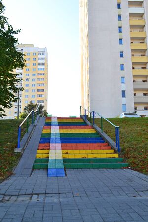 Rainbow stairway to heaven. Stairs in the city.の写真素材